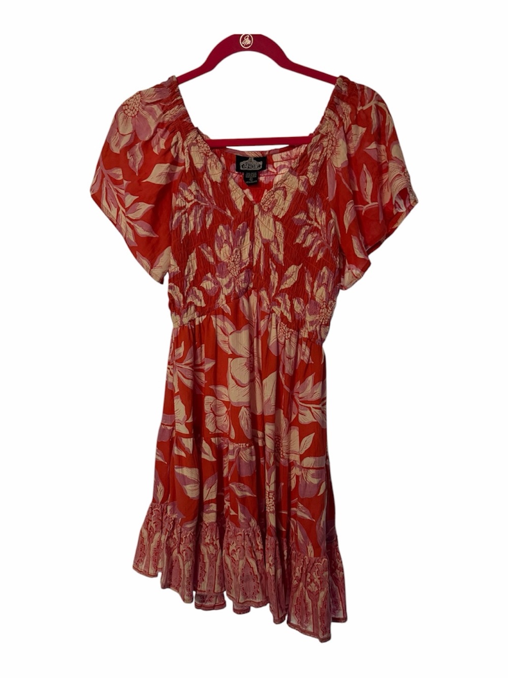 Angie Coral Floral Smocked Waist Tunic Size Large